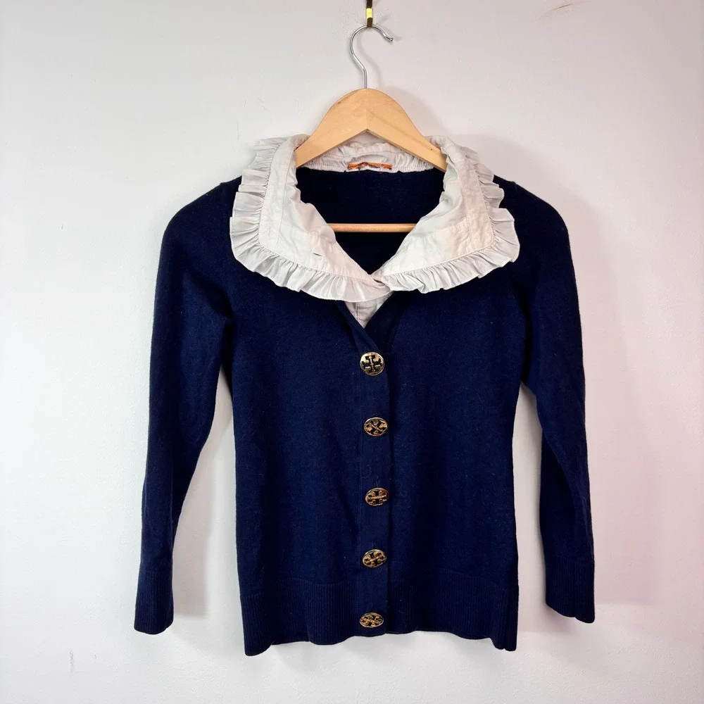 Tory Burch Navy Cardigan Gold Logo Buttons White Ruffle Collar Preppy Y2K Size S